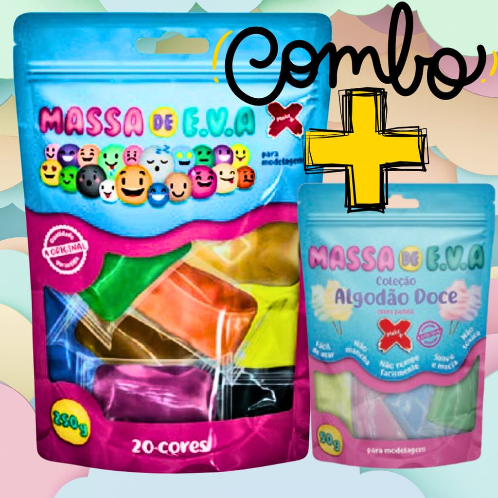 Combo Pacotão Massinha de Eva Make+ 250g  20 Cores Vibrantes + 01 Algodão Doce 50g  5 tons pastéis