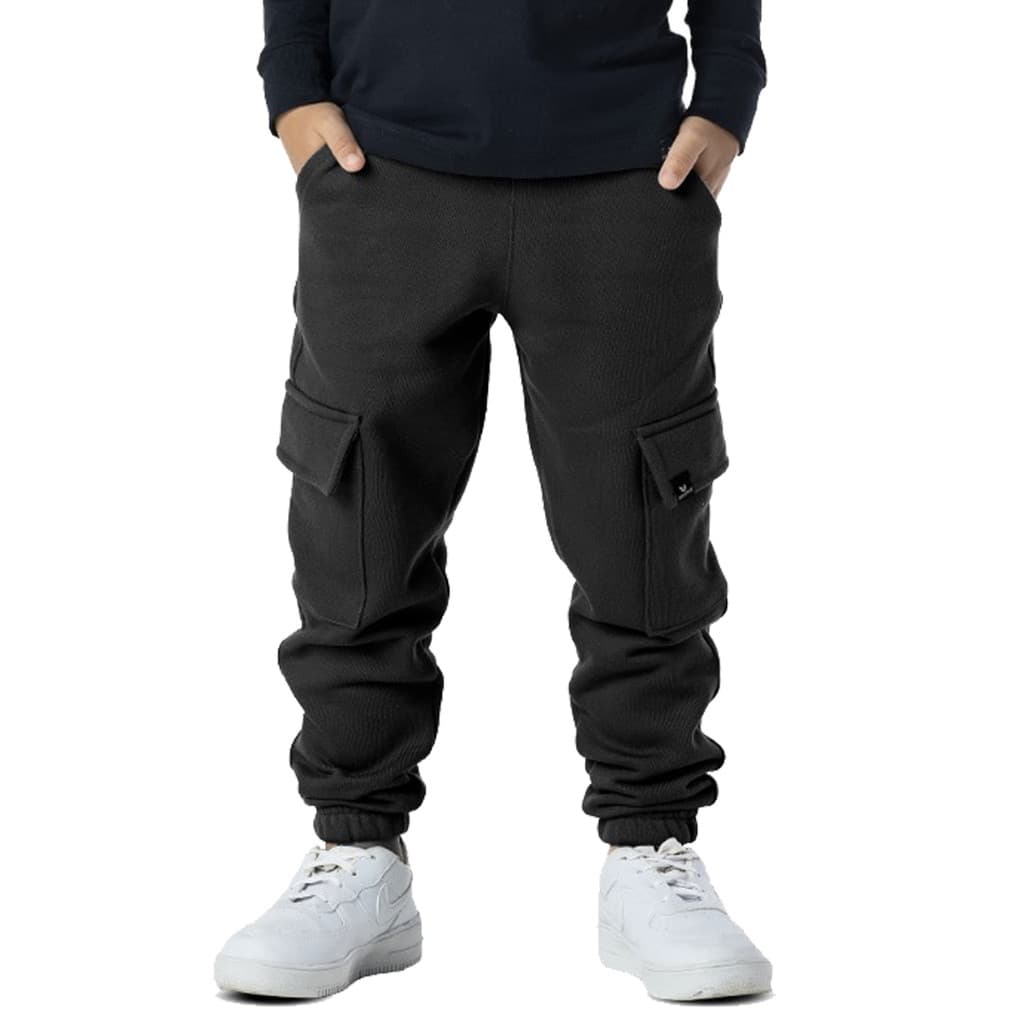 Calça Infantil Menino Moletom Cargo Inverno Lisa Preta