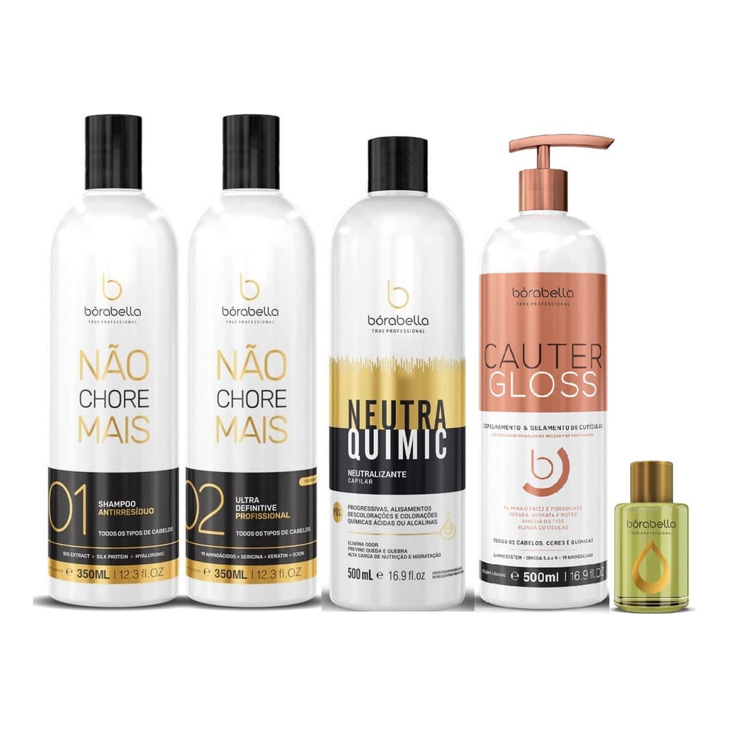 Kit Progressiva Não Chore Mais 350ml + neutraquimic 500ml + Cautergloss 500ml - Borabella