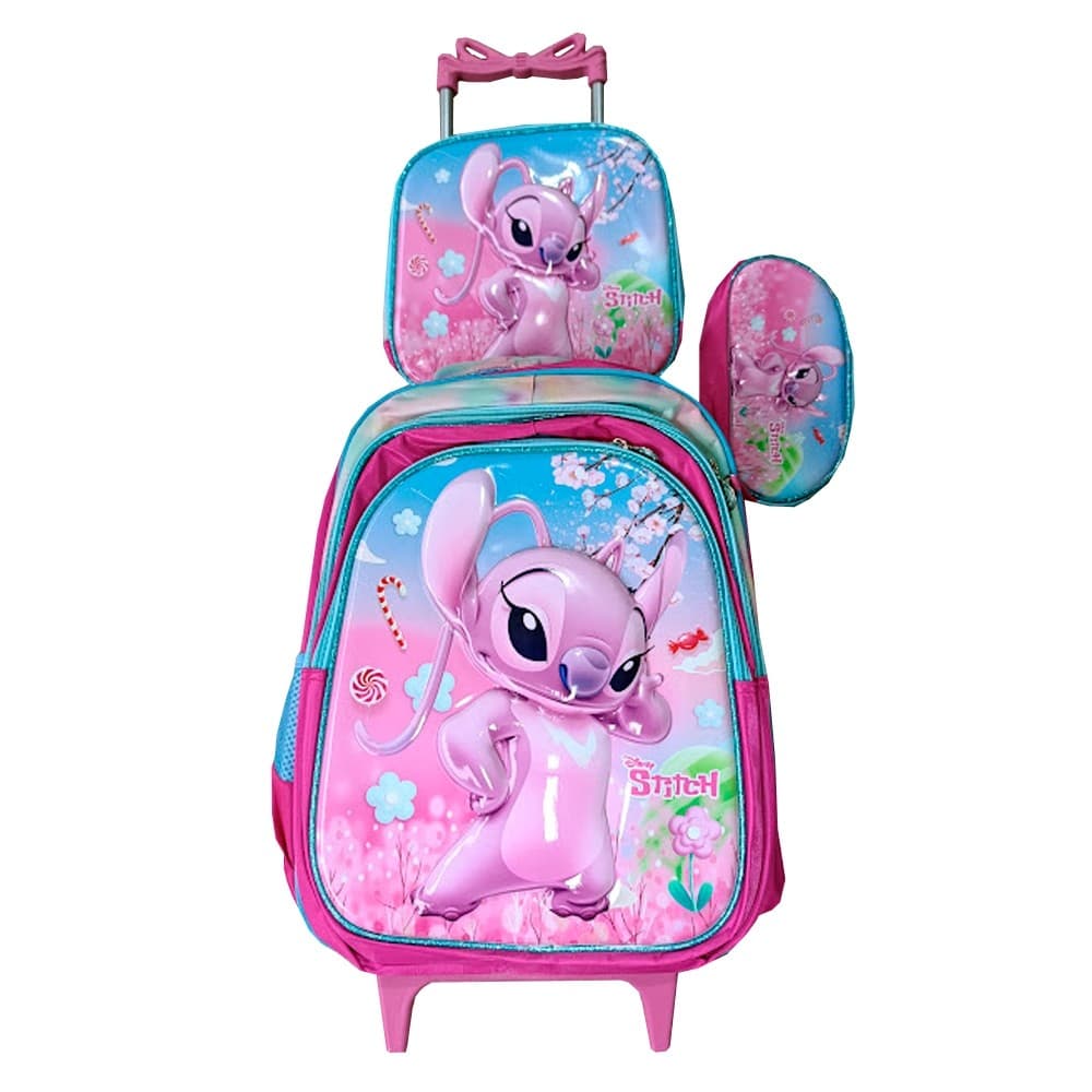 Kit Mochila Stitch com Rodinhas Escolar Infantil com Lancheira Térmica e Estojo em 3D Importada
