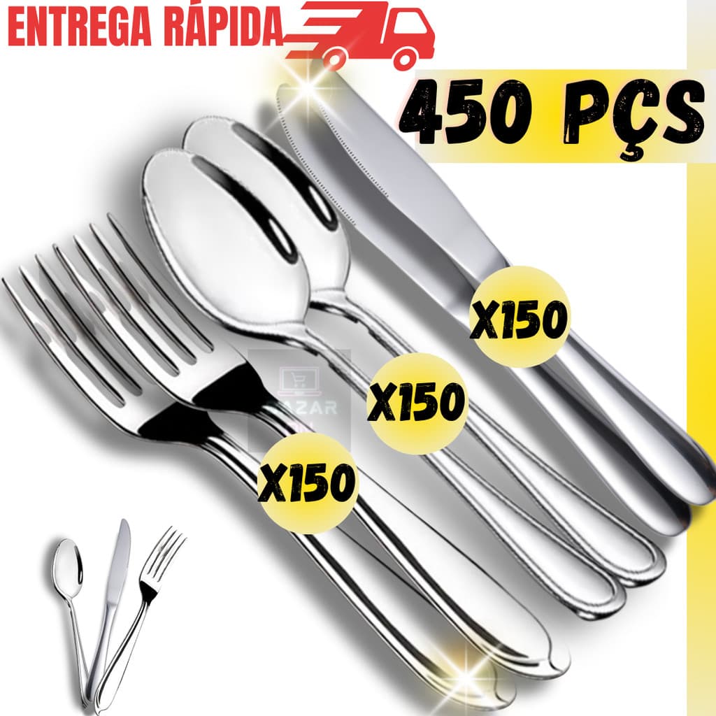 Jogo 450 Talheres Aço Inox Kit Almoço Jantar 150 Colheres 150 Garfos 150 Facas Conjunto Completo