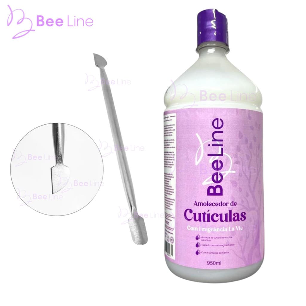 Amolecedor de Cutículas 950ml + Espátula Dupla Empurrador Inox Profissional Manicure e Pedicure