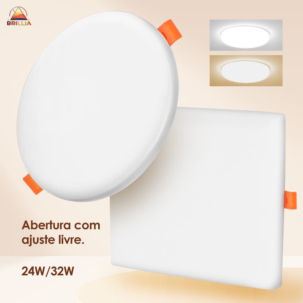 Painel Plafon LED Borda Infinita Redondo Quadrado Branco Frio/Quente 24W/32W Embutido/Sobrepor 2em1