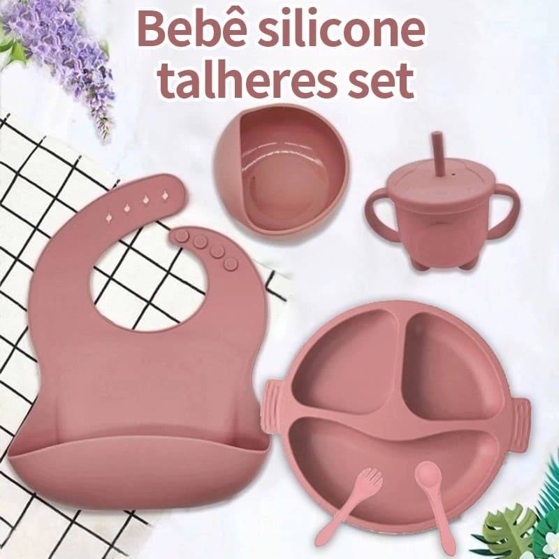 Conjunto De Louça De Silicone Para Bebês Tigela Sippy Cup Bibs Colher De Garfo BPA Jogo Alimentação Infantil Livre