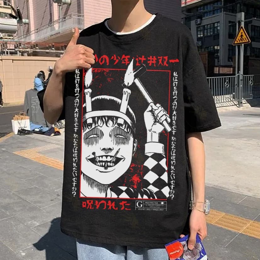 Camiseta oversize de algodão preta Anime Souichi Tomie Junji Ito Unissex Street