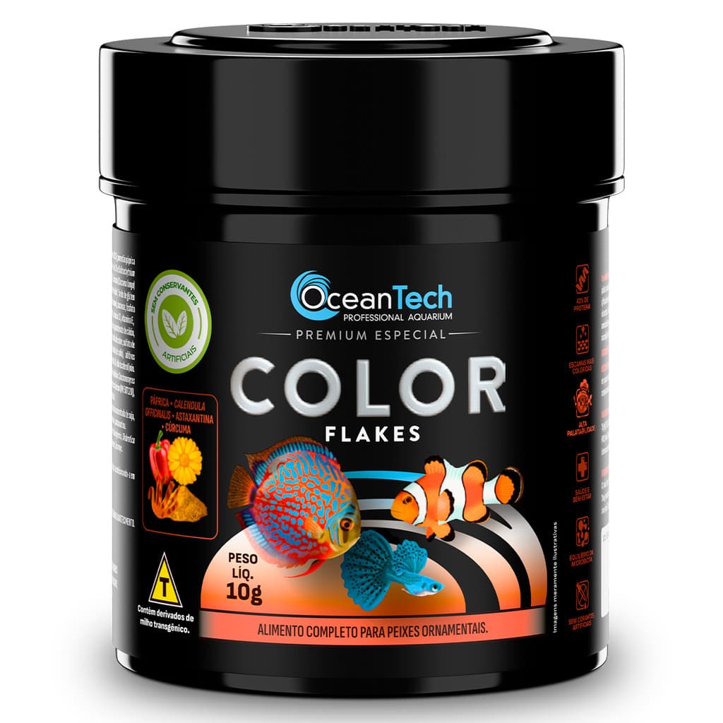 Ração Color Flakes 10g Ocean Tech para Peixes Ornamentais Pote