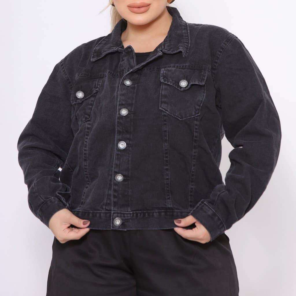 Jaqueta Jeans Feminina Plus Size Black Lavagem Estonada Tamanhos Grandes