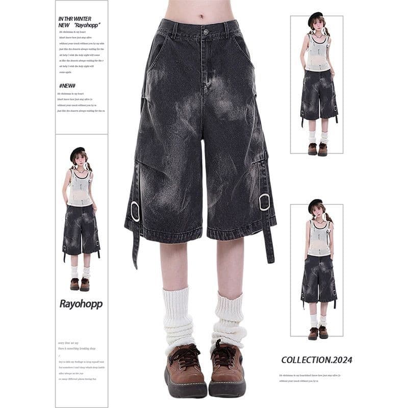 Shorts Jeans Com Design Personalizado De Rua Americana Para Mulheres , Cintura Alta , Ajuste Solto , Perna Reta , Calças