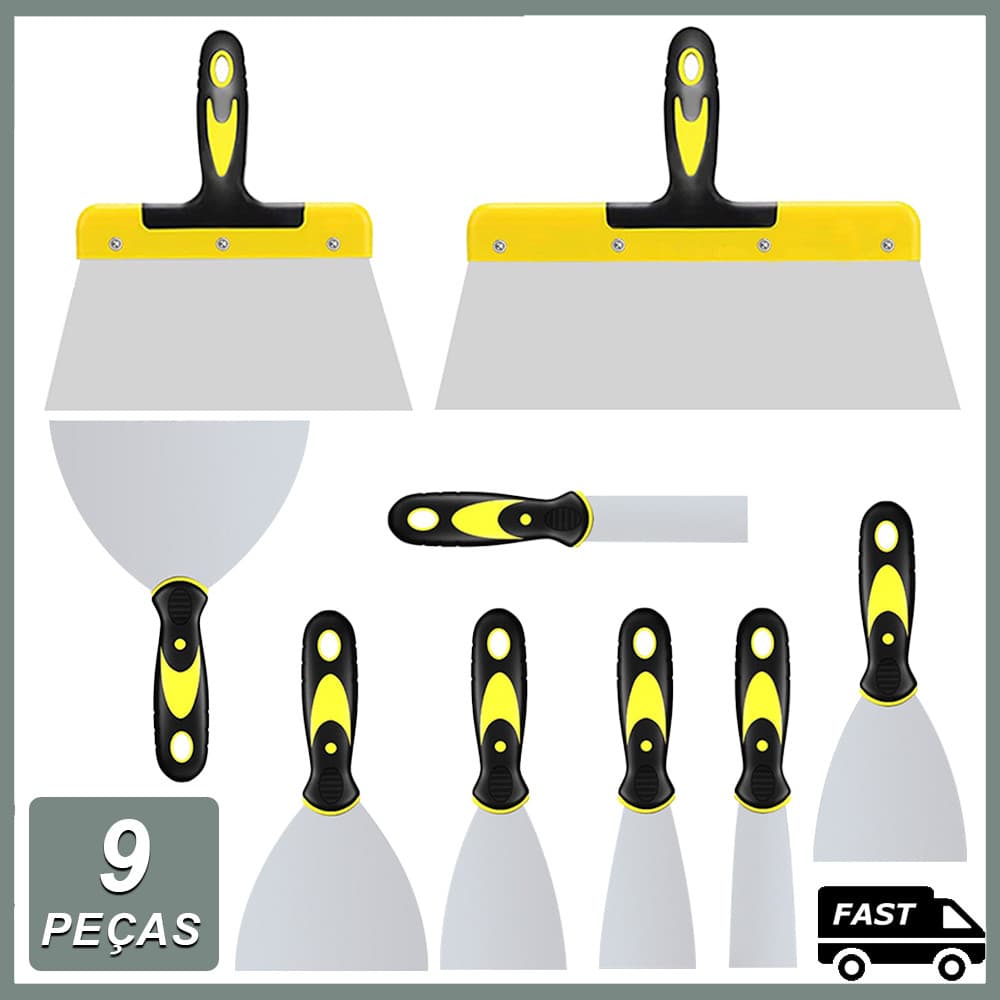 Kit 9 Espátulas em aço Inox, de 1"+1.5"+2"+2.5"+3"+4"+5" Plaster + celuloide Tigre p/ pintura e gesso e massa corrida