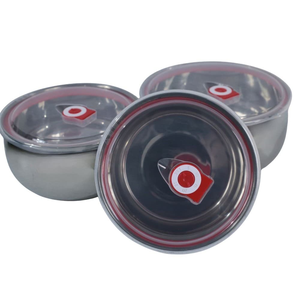 Conjunto De Bowls Tigelas De Inox 3 Peças Com Tampa Plástica