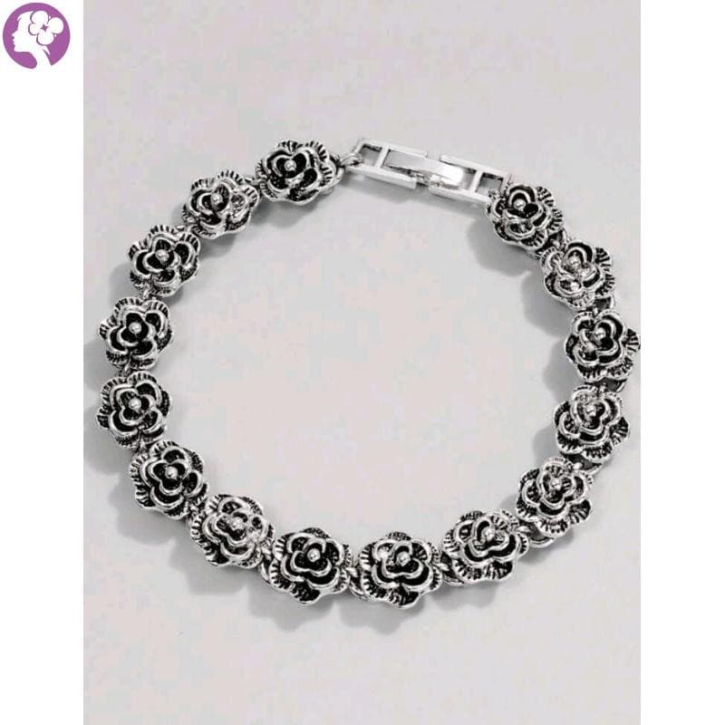 Pulseira Feminina Banhada A Prata Antiga Com Flores