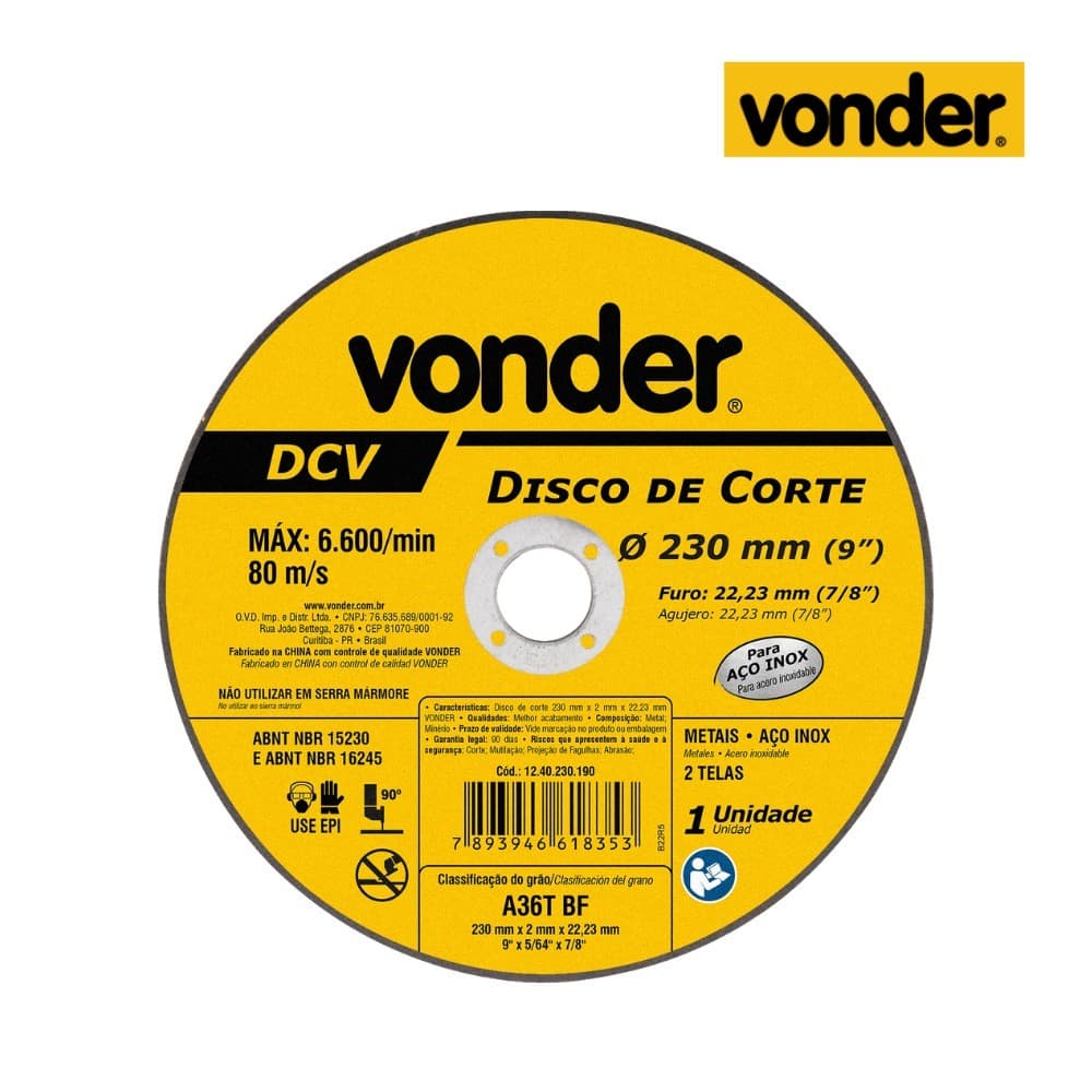 Disco de Corte 230 mm x 2,0 mm x 22,23 mm DCV Vonder