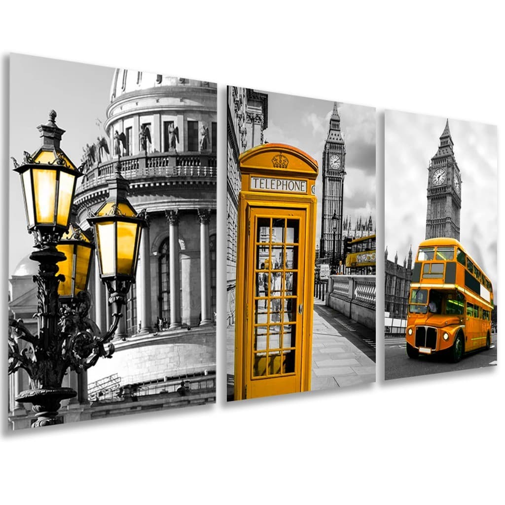 Kit 3 Peças Quadros Decorativos Londres Amarelo Para Quarto Sala Escritório