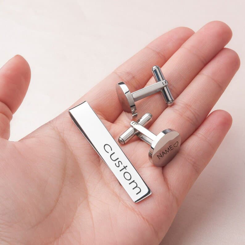 Conjunto De Botões De Punho Com Clipes De Gravata Personalizados Para Homens Nome Do Engrave Business Metal Tie