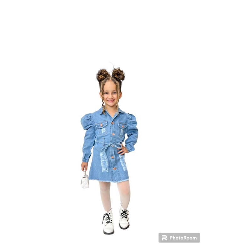 Vestido jeans manga princesa comprida com cinto