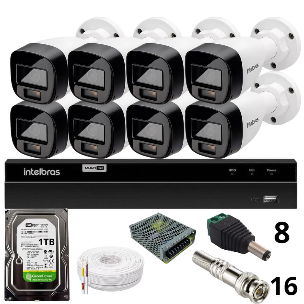 Kit 8 Câmeras Intelbras  Bullet 1220b Full Color Dvr Intelbras 1116-c Mhdx Com Acesso Remoto Hd 1tb