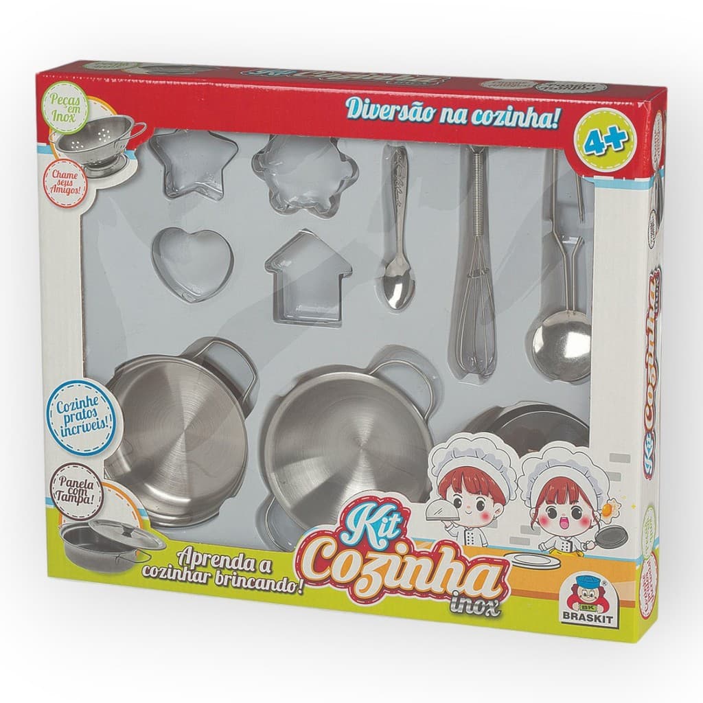 Kit Cozinha Infantil Inox com Forminhas Panelas e Utensílios Brinquedo Educativo para Crianças Braskit