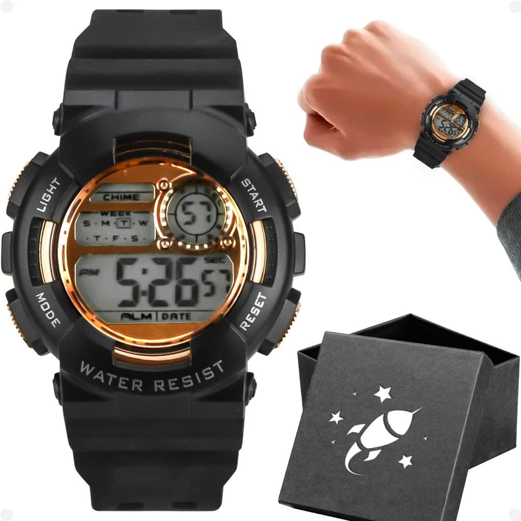 relogio menino criança infantil digital silicone + caixa silicone ajustavel rose preto adolescente