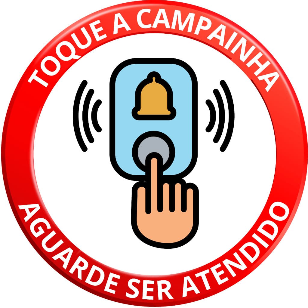 ADESIVO PLACA AVISO SINALIZAÇÃO ATENÇÃO TOQUE A CAMPAINHA E AGUARDE REDONDA 10 CM 15 CM OU 20 CM DIAMETRO ADESIVO AUTO COLANTE AMBIENTE INTERNO E EXTERNO FACIL APLICAÇÃO A PROVA DE AGUA LOJA COMERCIO INDUSTRIA ESCRITORIO BAR RESTAURANTE  RESIDENCIA