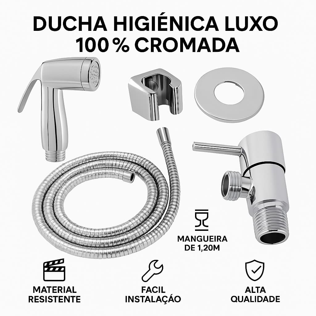 Ducha Higiênica Luxo 100 % CROMADA Completa Banheiro ABS 1/4 Volta Flexivel