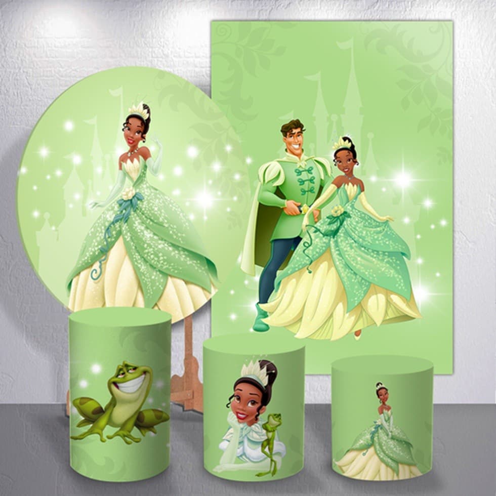 Painel de Festa Infantil Capas Sublimadas de Trio Cilindro e Paines Decoração Menina Princesa Tiana