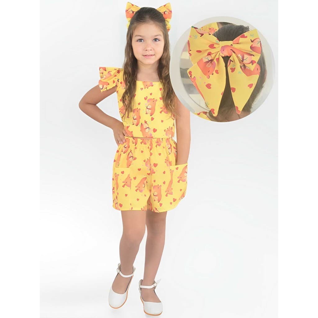 Conjunto Infantil Capivara Charmosa Amarelo - Blusa Short + Enfeite Cabelo