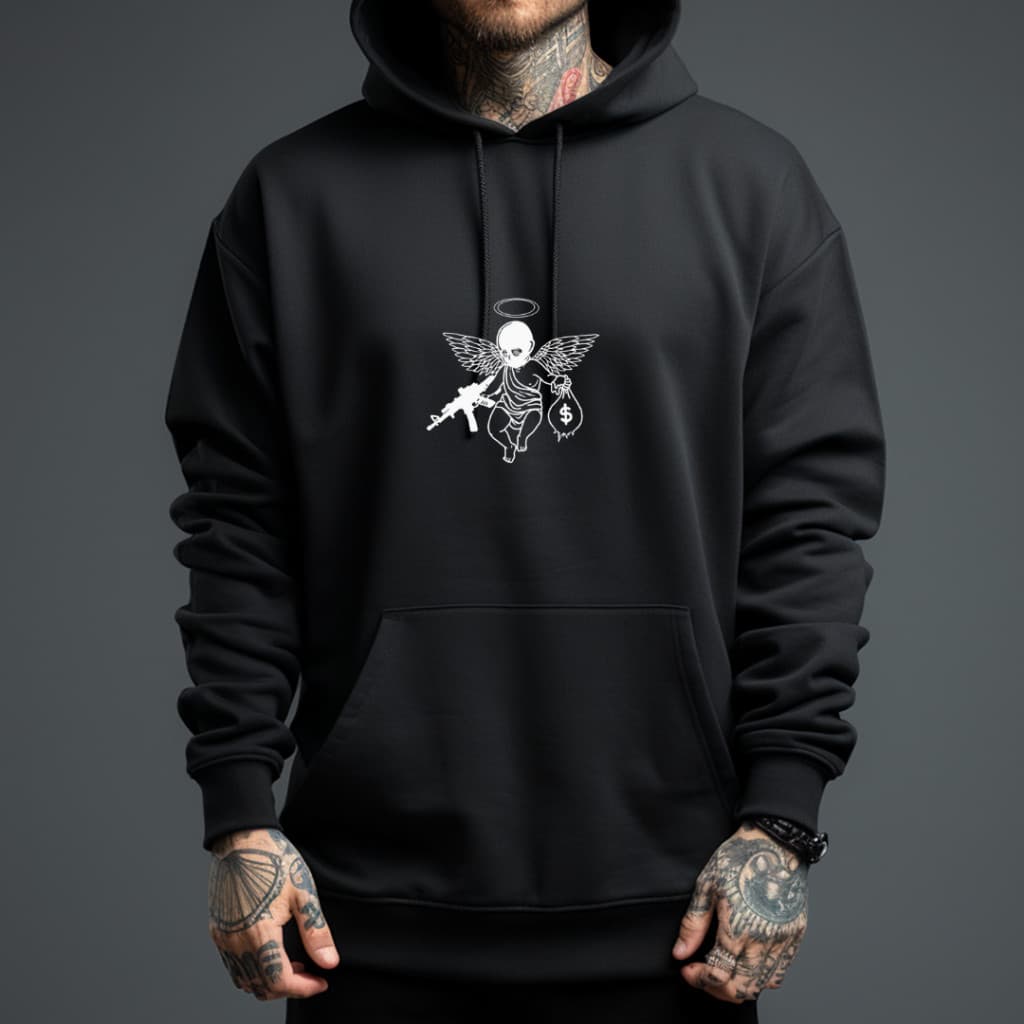 Moletom blusa de frio canguru estampado god`s plan anjo com ak47