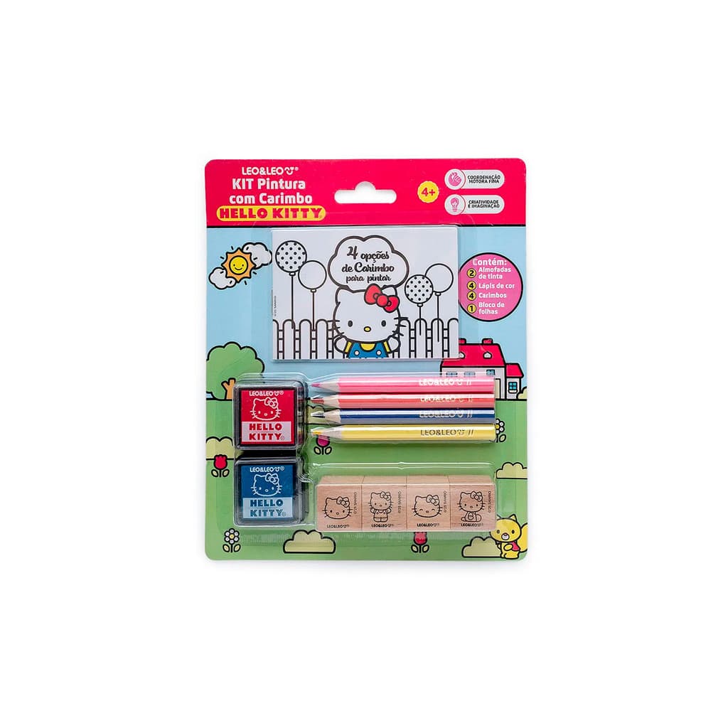 Kit Pintura com Carimbo Hello Kitty com 1 Bloco + 4 Lápis de Cor + 4 Carimbos + 2 Almofadas de Tinta