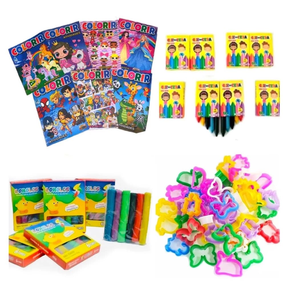 15 Massinha Modelar + 15 Giz de Cera + 15 Colorir + 30 Cortador p/ Kit Festa Lembrancinha Infantil