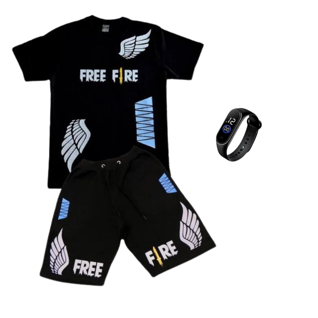 Conjunto infantil FF Free Fire camisa e short + relogio 4 ao 16