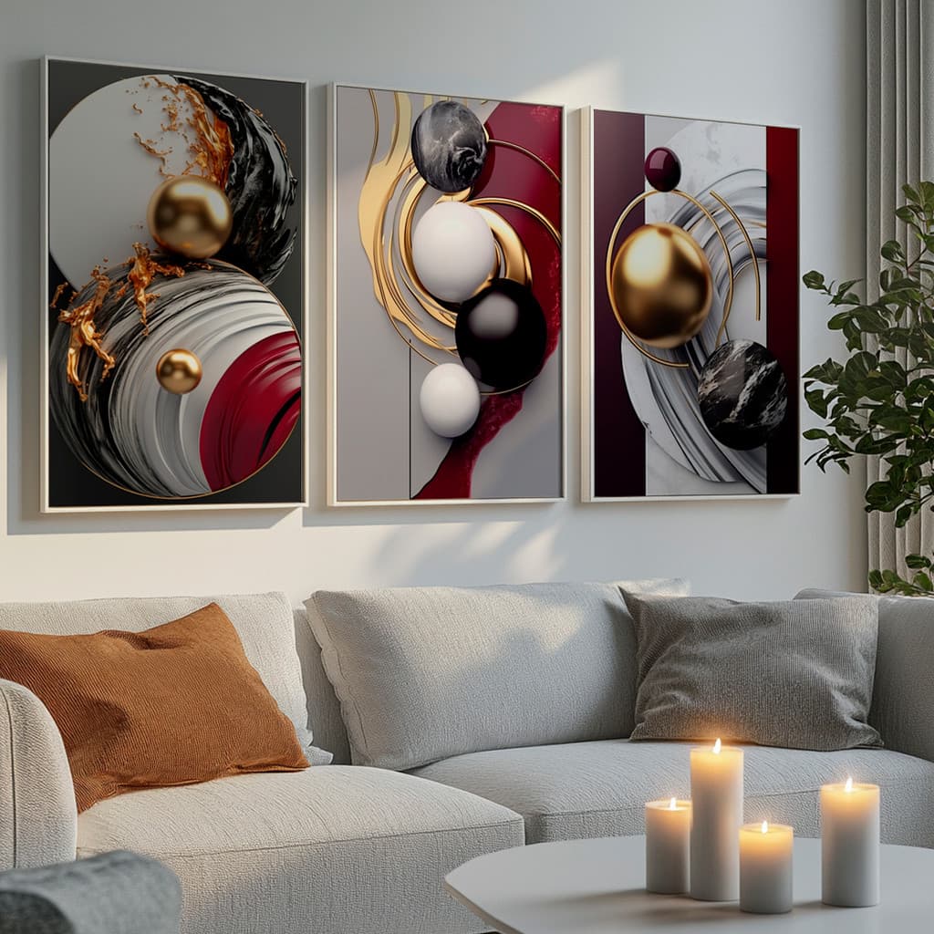 Kit 3 Quadros Quadro Decorativo Esferas Abstratas Preto Branco Vermelho Dourado Arte 3D Com Moldura