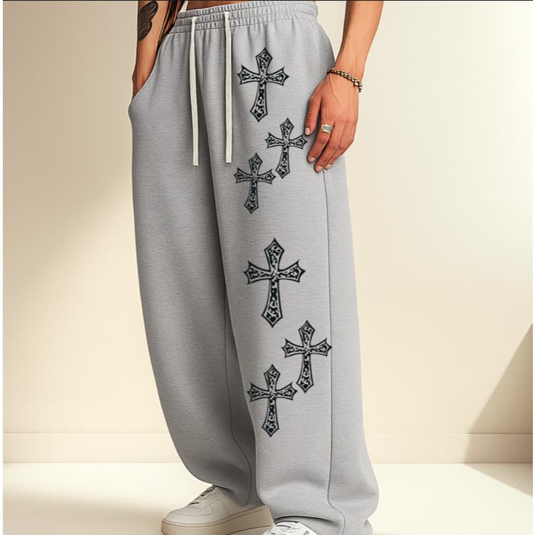 Calça Moletom Oversized Cruz GóticaTendência Streetwear Moda Street