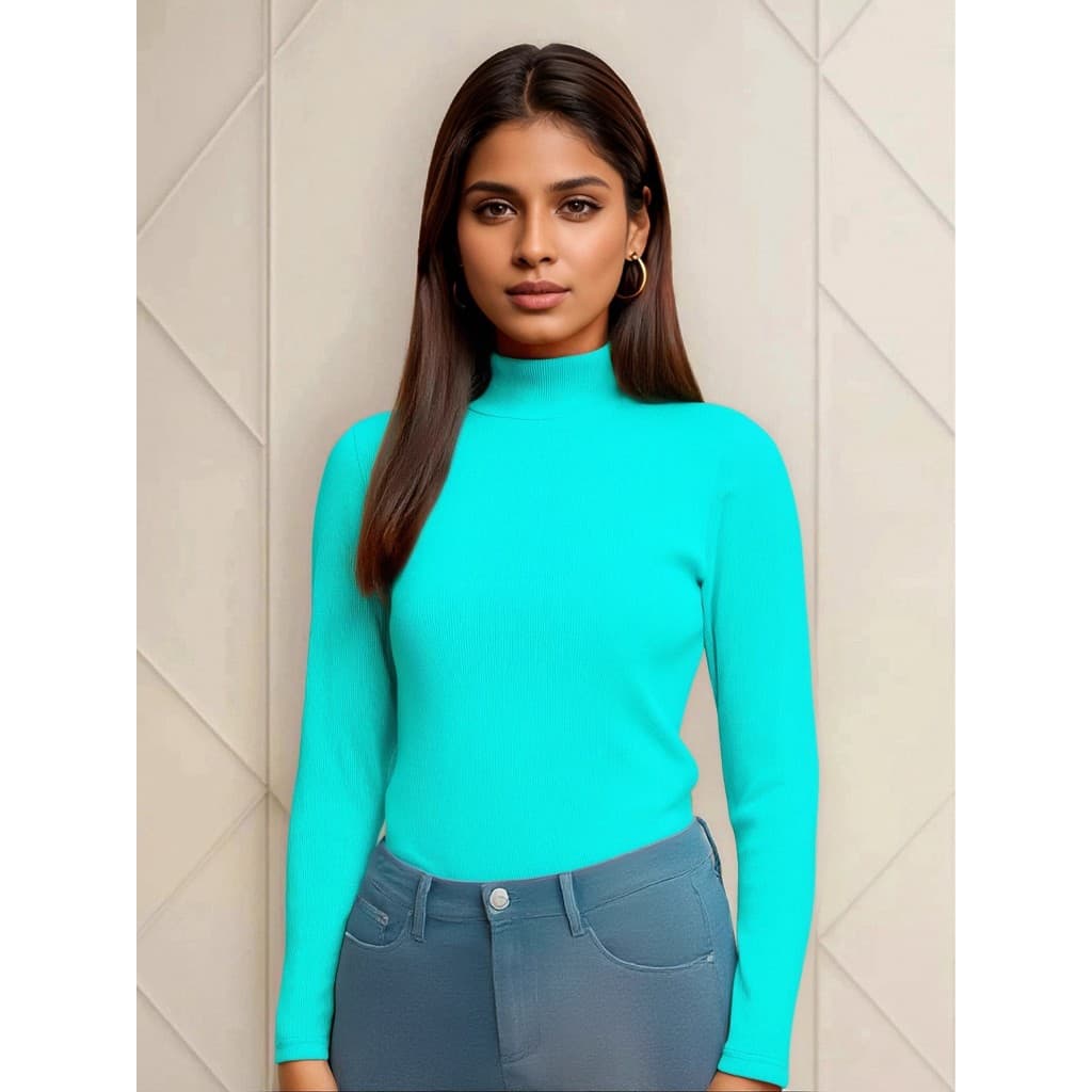 Blusa Canelada Feminina Gola Alta Manga Longa Frio