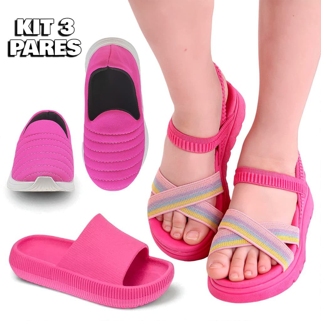 Kit 3 Pares Papete Tênis Chinelo Nuvem - Leve Macio - Menina Escolar Dia a Dia Passeios