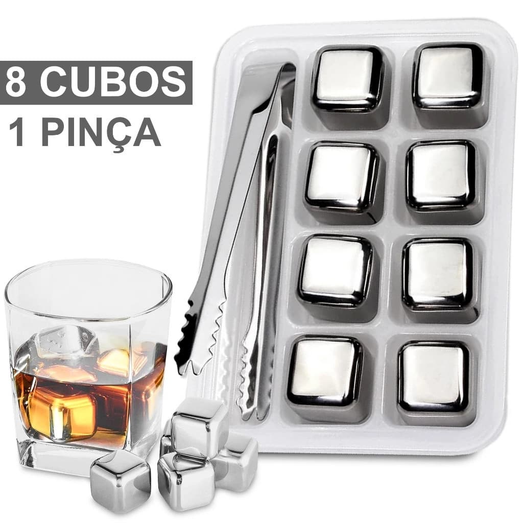 Kit 4/6/8 Cubos de gelo Com Pegador Aço inoxidável  reutilizáveis para Bebidas Drinks