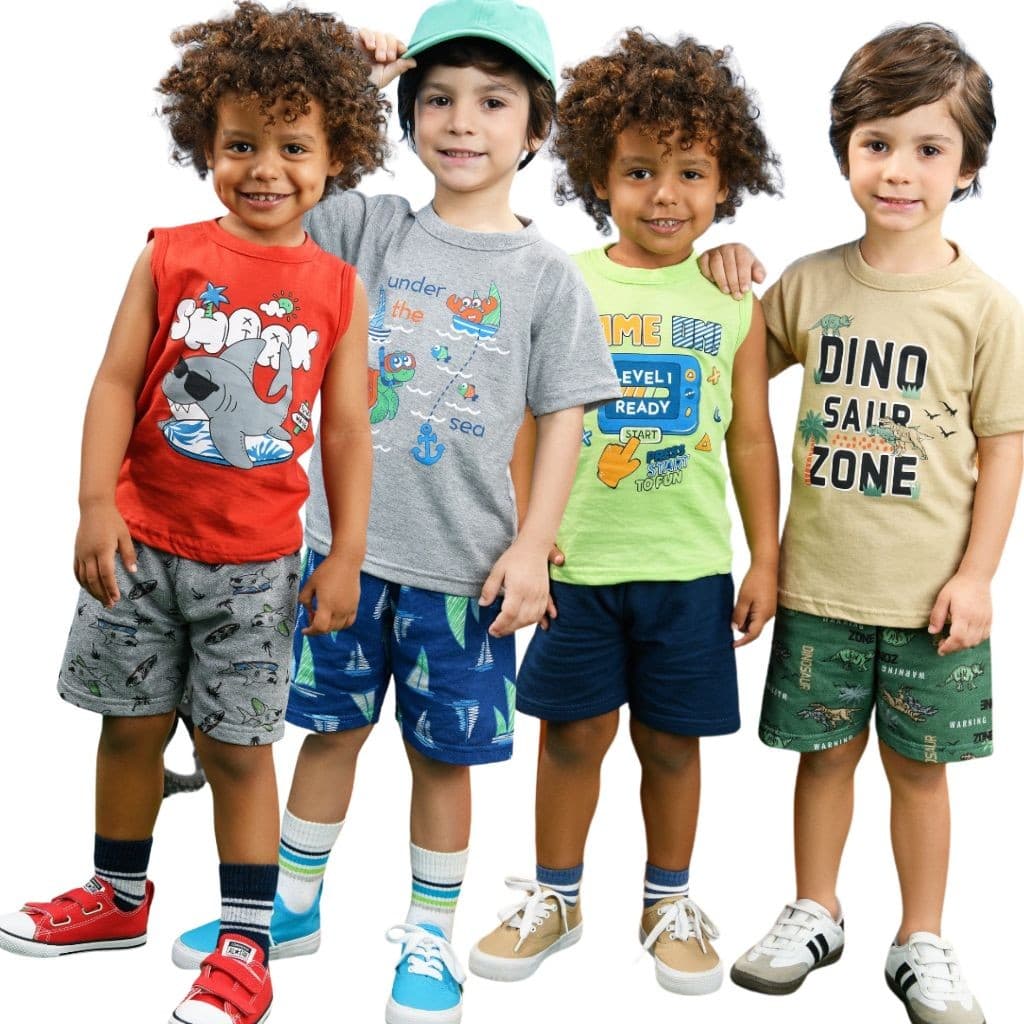 Kit 8 Peças de Roupa Infantil de Verão Masculino 4 Conjuntos Infantil de Menino Camiseta + Short 1 ao 8 anos