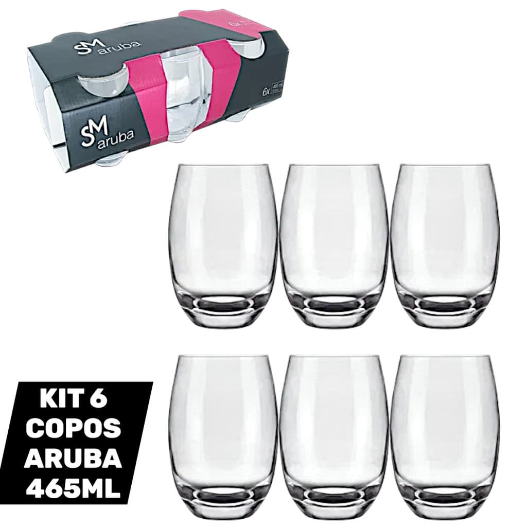 Kit 6 Copos de vidro Aruba 465ML  Transparente Suco Agua Bebidas