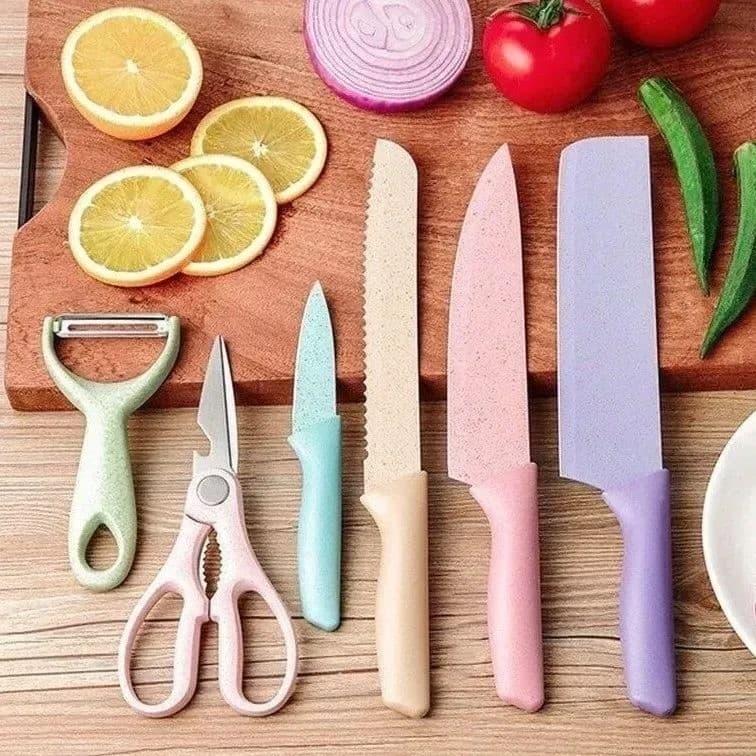 Kit 6 Peças Facas de Cozinha Aço Inox Antiaderente Faca Chef Tesoura Descascador