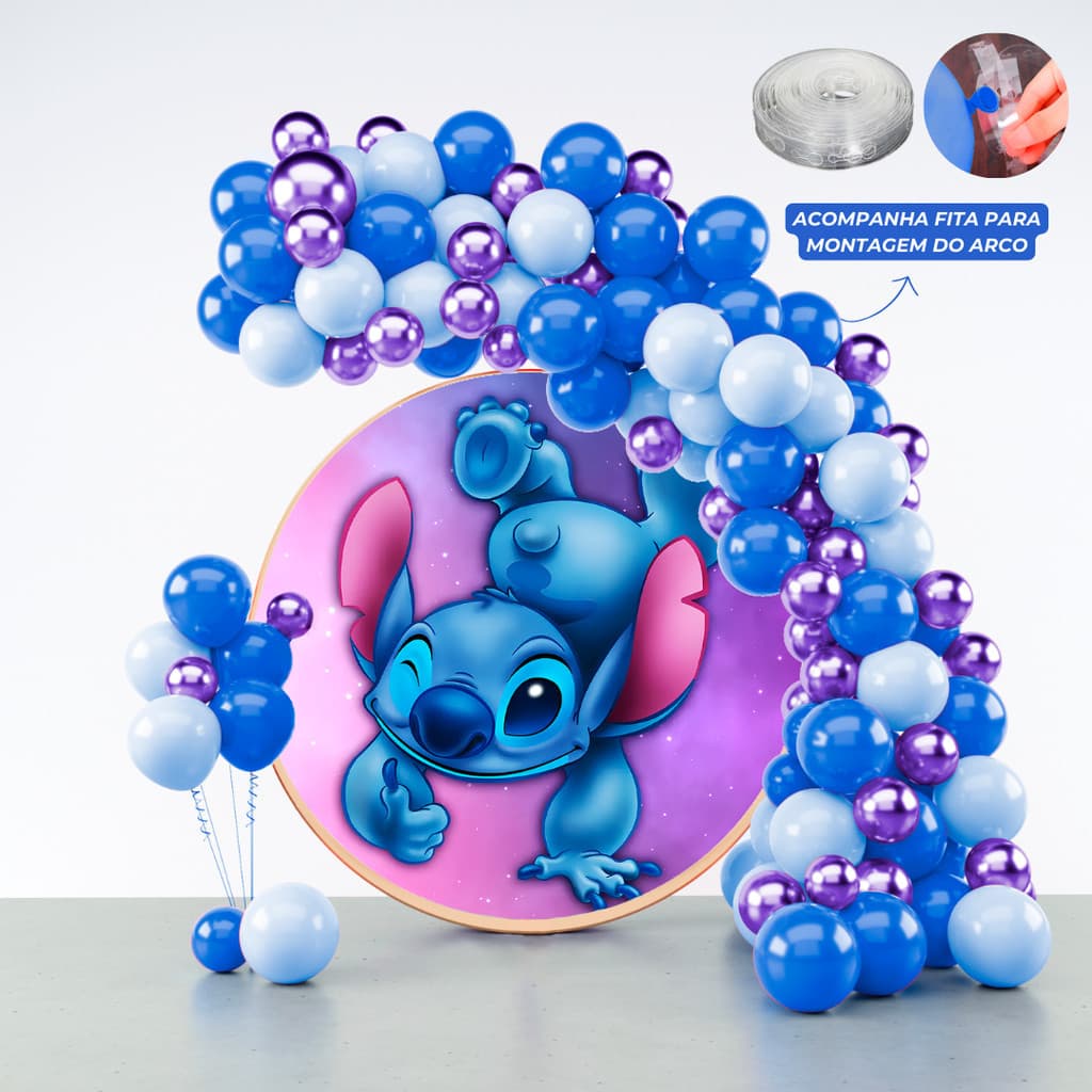 Kit 125 Balões Festa Lilo & Stitch+ Fita Arco - Balão Bexiga Liso/Cromado Para Aniversários