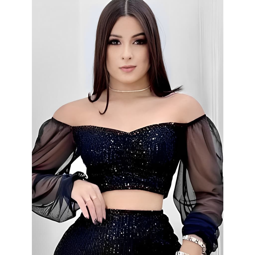 Cropped Paete Lantejoula Manga Longa Em Tule Balada