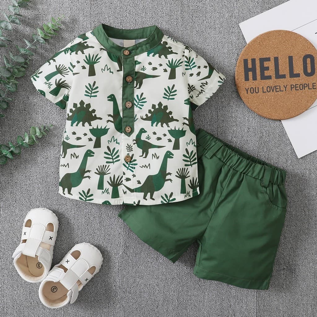 Conjunto De 2 Peças De Roupas De Verão Para Meninos , Camisa De Manga Curta Com Botões + Shorts De Cintura Elástica