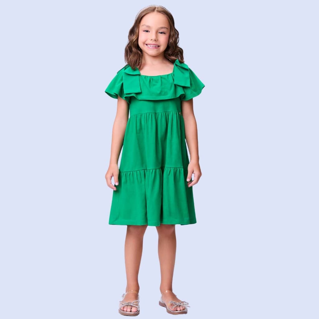 Vestido Infantil com Laços e Babados Verde  - Momi