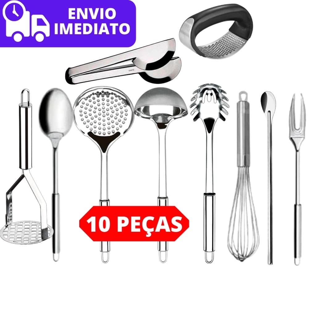 Kit 10 Peças Utensílios Pegadores Cozinha Concha Escumadeira Pegador Colher Garfo Fuet Pegador Colher e Amassador