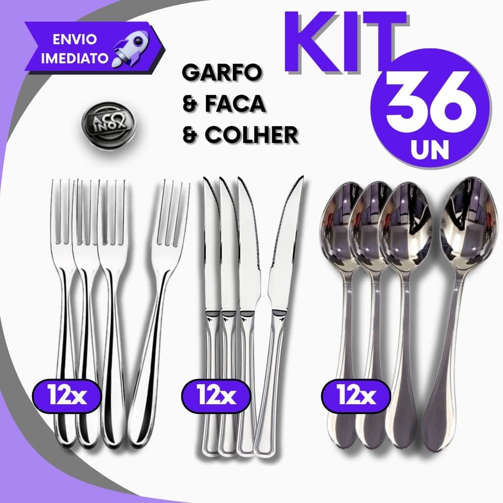 Jogo de Talheres com 36 pçs Aço Inox 12 Facas 12 Garfos 12 Colheres Mesa Casa P/ Bar e Restaurante