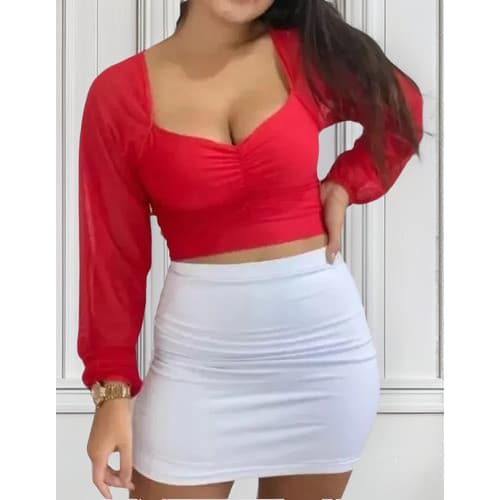 Cropped Tule Manga Longa Manga Bufante Moda Blogueira