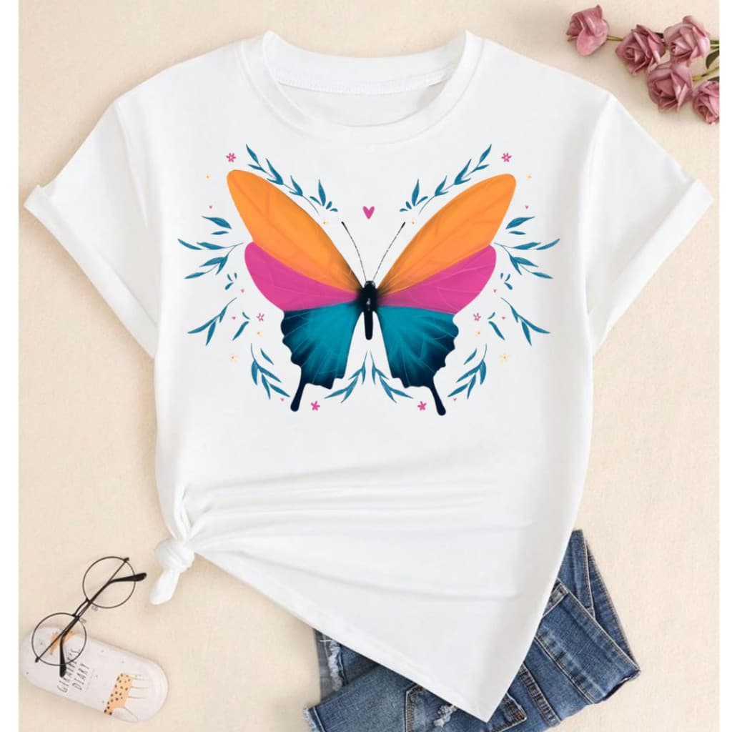 Camisetas Feminina T-shirts Versátil Blusinhas Minnie Borboletas Lilo