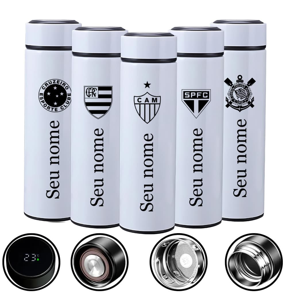 Garrafa branco térmica a Digital Personalizada Todas as Time + Nome  + Nome 500 ML Inox