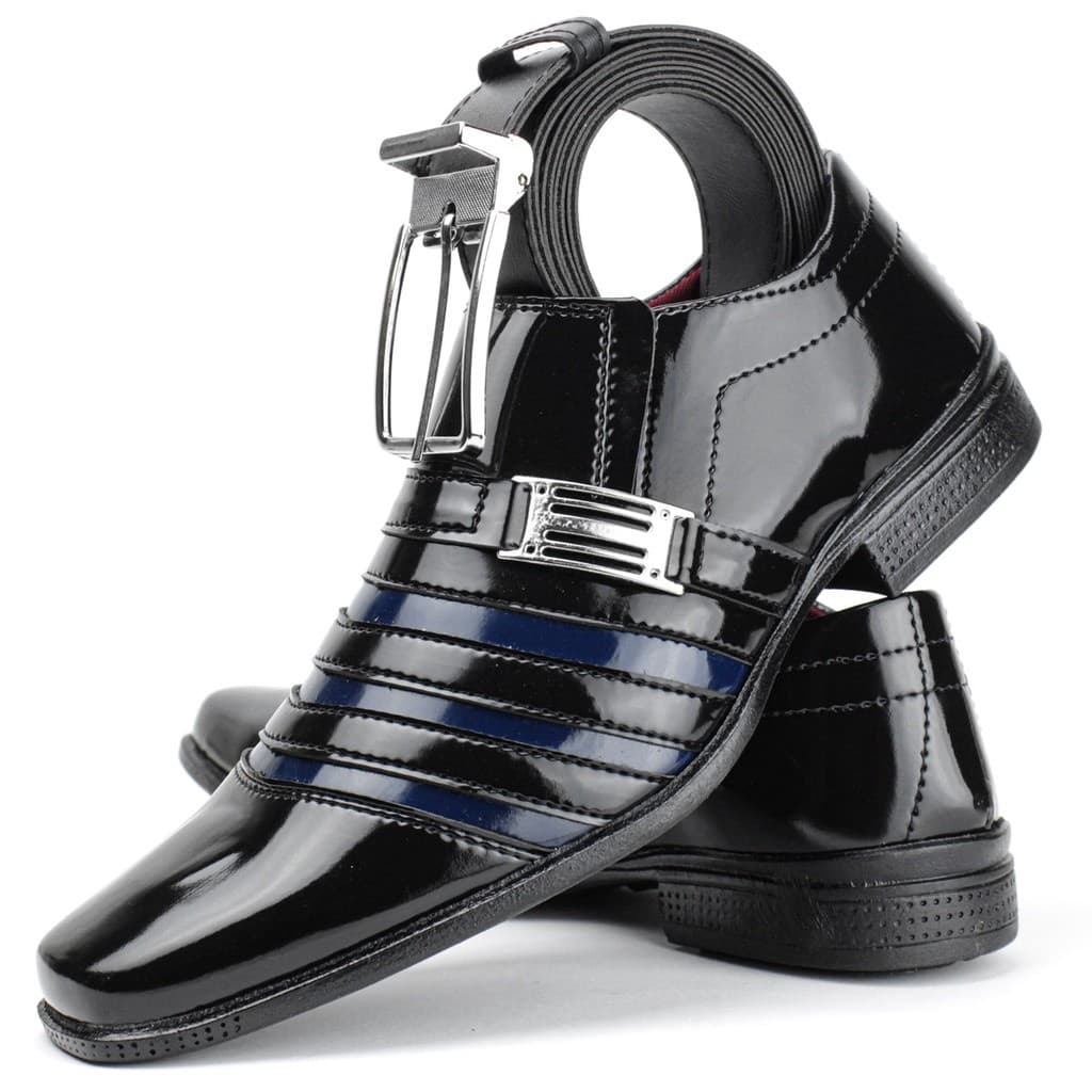 Sapato social masculino estilo italiano preto com azul + cinto social preto