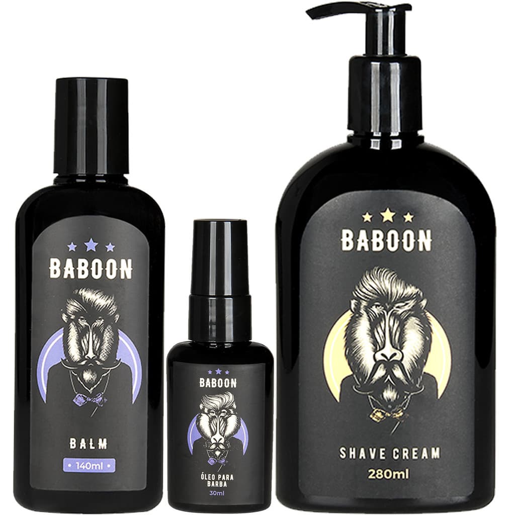 Kit Masculino Baboon Creme de Barbear Shave Cream 280mL + Balm de Barba 140ml + Óleo Para Barba 30ml Profissional