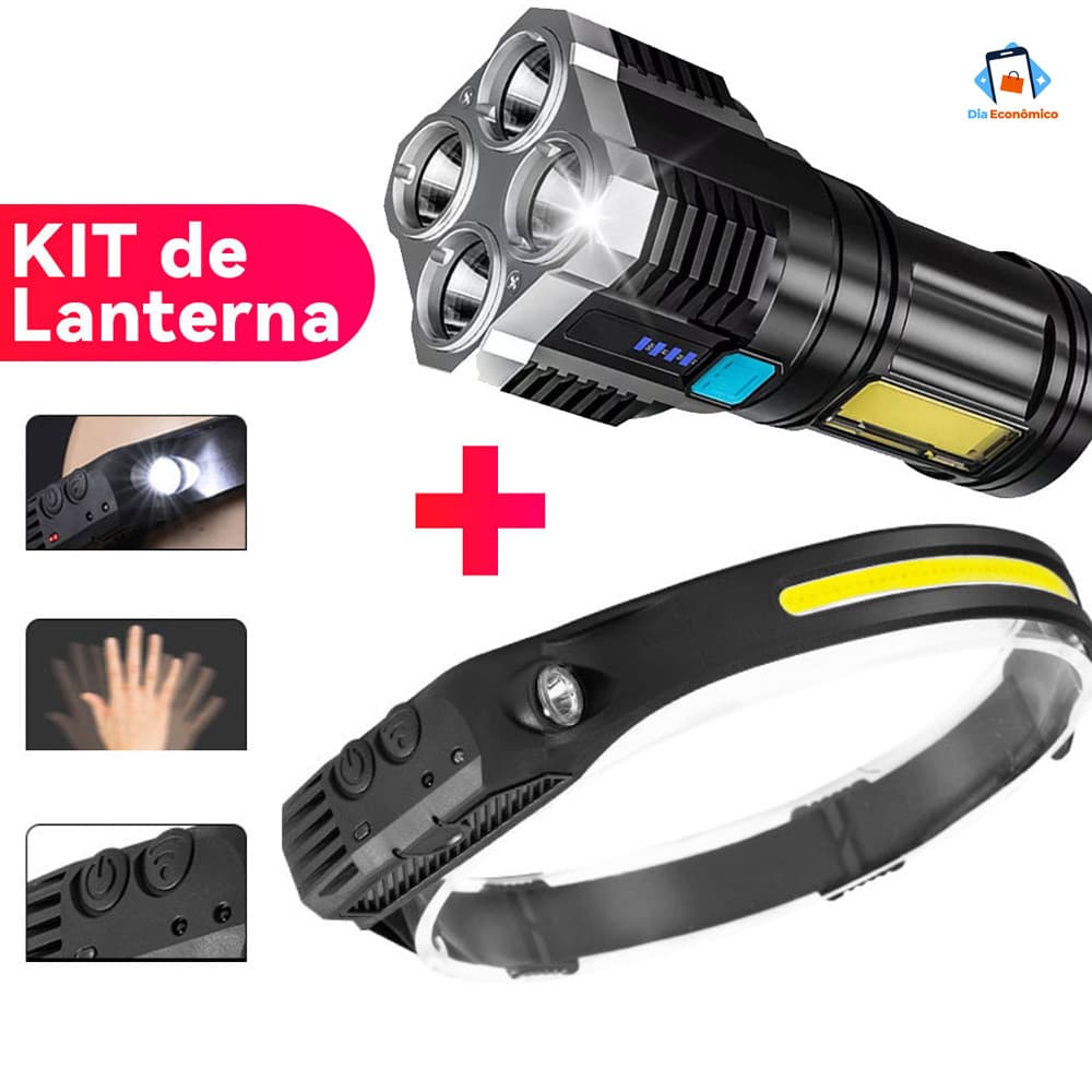 KIT de Lanterna Tatica Recarregavel + Lanterna de Cabeça Led Corpo Motion Camping Torch Light Lamp Com Usb